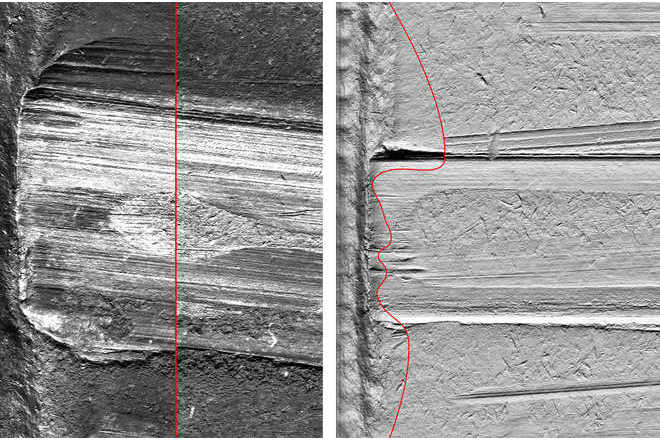 Splitted and polyline comparison of two land impressions (texture-free on the left). image