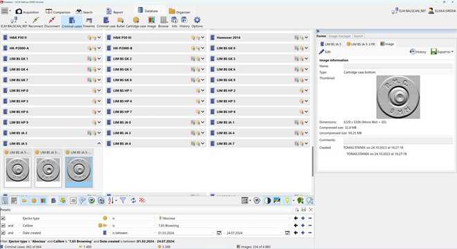 User interface of the database image
